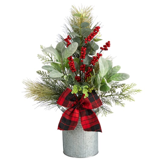 20" Holiday Winter Greenery, Pinecone & Berries with Bow Arrangement